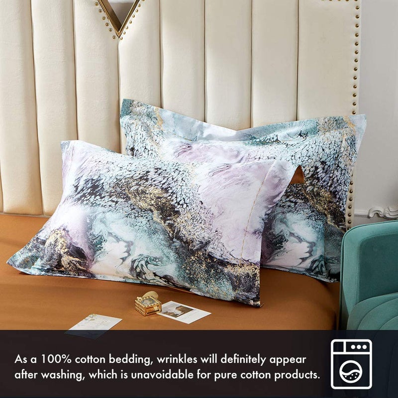MILDLY 100% Long Staple Cotton Duvet Cover Set Green Golden Grey Mixed Marbling Pattern Printed Comforter Cover Set - Image 5